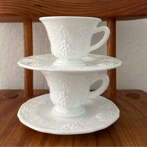 Set of 2 Vintage Indiana Glass Milk Glass Cup and Saucer Colony Harvest ②